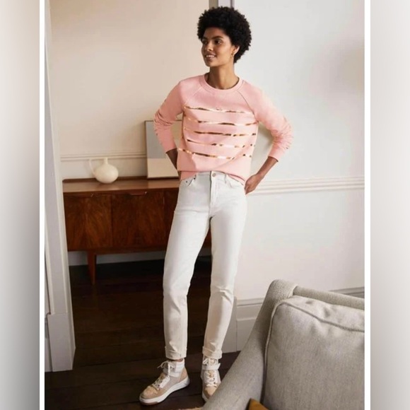 Boden XL Pink Gold Foil Striped Crew Neck Printed Cotton Sweatshirt Pullover Top - Picture 9 of 13